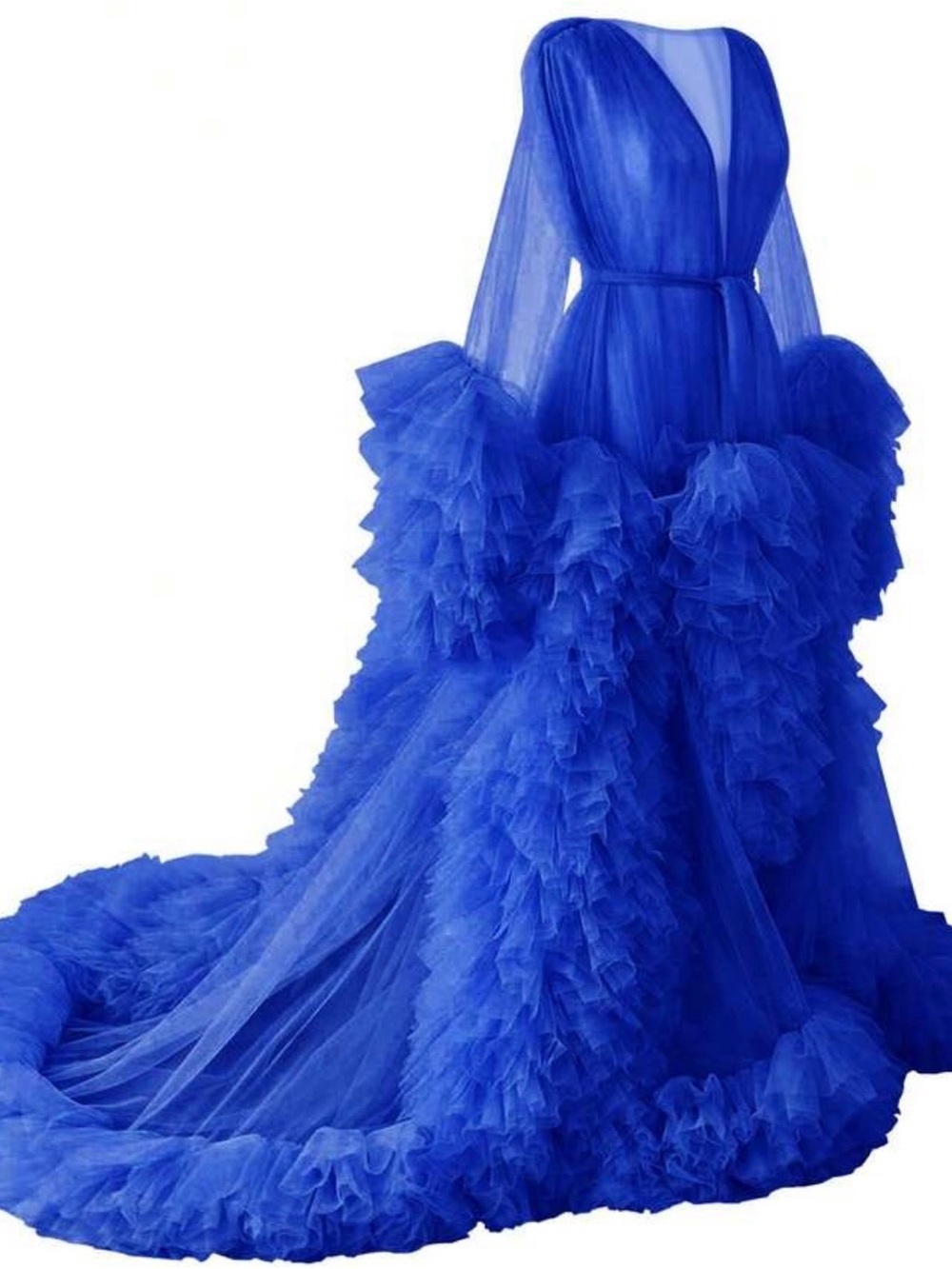 Royal Blue Ruffled Tulle Maxi Gown with Sheer Sleeves